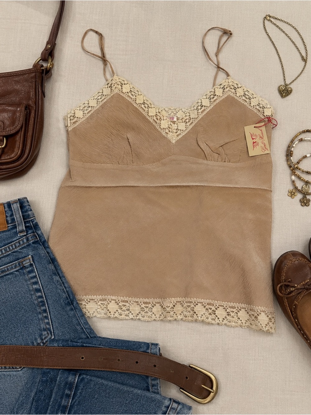 Gold Hawk Sand Crepe Silk Adjustable Strap Lace Trimmed Cami Medium Luxury Layer